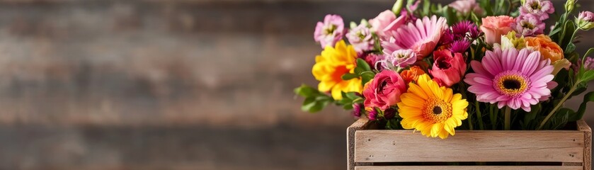 Vibrant floral bouquet with wooden crate background, countryside inspiration