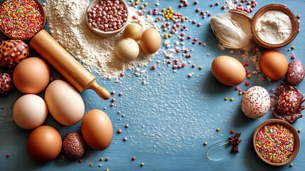 Baking ingredients and decorative eggs arranged on a blue surface