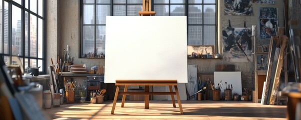 A blank canvas stands on an easel in an artist's studio, with a large window, wooden floor, and various art supplies scattered around.