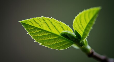 Fresh Green Leaves Emerging on Branch in Springtime Macro Shot