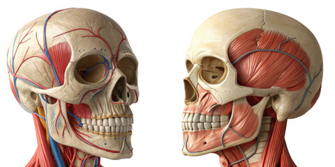 Anatomical illustration of human skull showing muscles and blood vessels