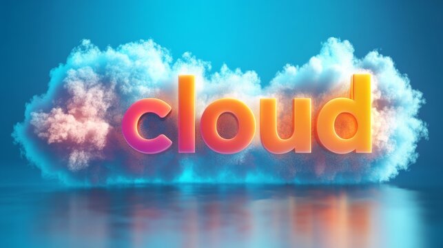 Colorful cloud formation with the word 'cloud' in bold letters against a gradient blue background