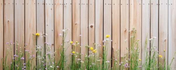 Wooden fence with tiny wildflowers growing through the cracks