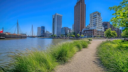 Obraz premium Urban waterfront park, sunny day, harbor view, calm water. Possible use Stock photo for city brochure or travel guide