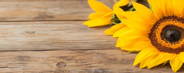Fototapeta premium Delicate artistic blur of sunflower petals on an antique wooden table