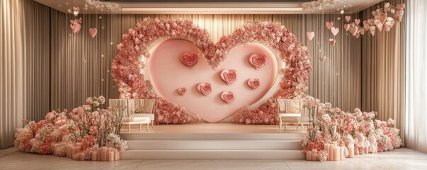 Romantic decor featuring pink roses and heart shaped embellishments for a special celebration