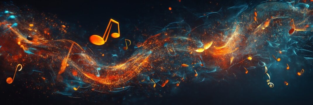 Fiery musical notes dance through cosmic ambiance