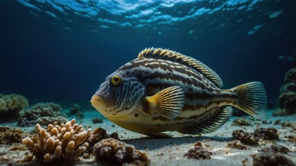 Obraz premium A striped fish swims near coral in a vibrant underwater scene.
