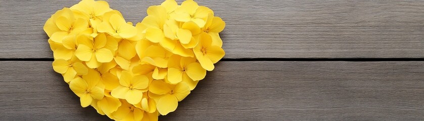Obraz premium Creative composition of yellow floral petals forming a heart on wood
