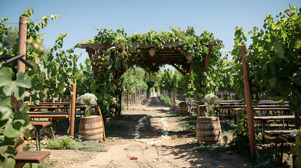 A vineyard wedding ceremony with lush green grapevines and rustic wooden decor