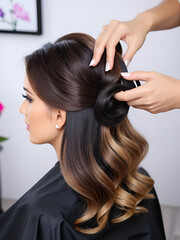 Fototapeta premium Professional hairdresser doing hairstyle for woman in beauty salon