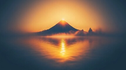 Sunrise volcano lake mist reflection serenity