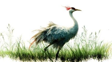 Fototapeta premium Captivating white-naped crane stands gracefully in green wetland with detailed plumage