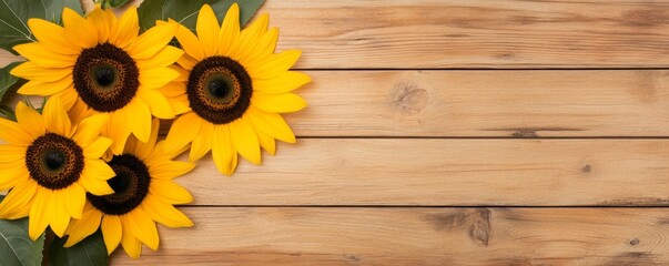 Obraz premium Bright yellow sunflowers on rustic wooden planks, warm countryside aesthetic