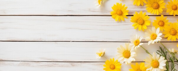 Fototapeta premium Soft-focus yellow daisies scattered on aged wooden planks, vintage floral elegance