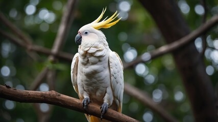 A white cockatoo with a yellow crest perched on a branch amidst a blurred green background.