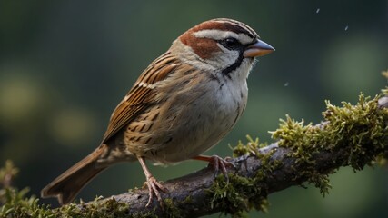Fototapeta premium A close-up of a sparrow perched on a mossy branch in a natural setting.