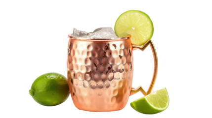 Refreshing moscow mule cocktail with lime and ice on transparent background