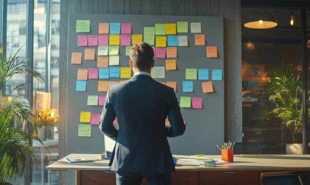 Professional consultant in a modern office setting with colorful sticky notes on the wall, embodying creativity and strategic thinking for business advisement