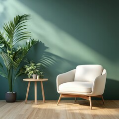 A white armchair alongside plants and a small side table