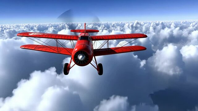 Bright red biplane soaring high above fluffy white clouds during a clear blue sky