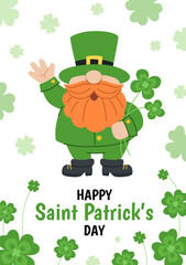 St. Patrick's Day greeting card. Cute leprechaun holding a four-leaf clover in his hand and waving in greeting. Background of four-leaf clovers and a congratulatory inscription.
