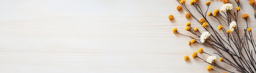 Obraz premium Playful floral scatter of golden wildflowers on a smooth wooden surface