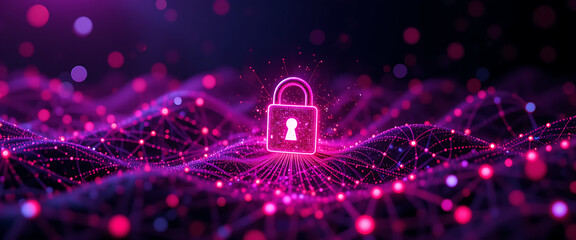 Abstract shimmering sparkling flowing network connecting field, in purple, red and pink gradient Color with glowing connected points in the back, 8k resolution, cyber security theme, digital glowing p