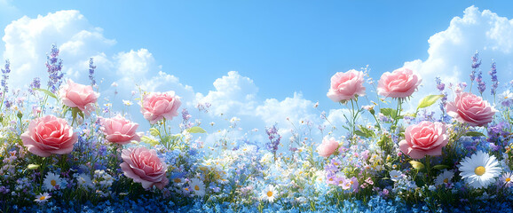 Fototapeta premium Blooming Roses & Wildflowers under Sunny Sky
