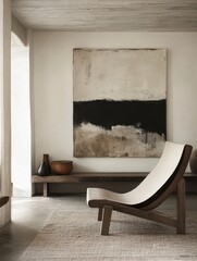 The chair and painting and other objects give the image a minimalistic feel