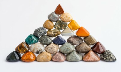Naklejka premium Pyramid of various sea pebbles, pyramid of balanced stones Isolated on white background. Concept harmony, life balance and meditation.