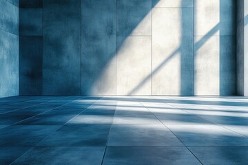 Sunlit minimalist interior with tiled floor and concrete walls, creating a serene and spacious atmosphere.