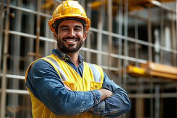 Trabajador de la construcción brasileño sonriente con equipo de seguridad en el sitio de construcción con los brazos cruzados