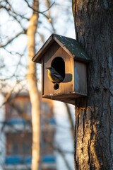 Bird with bird house box in Spring.
