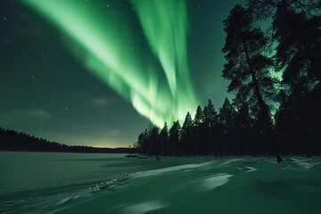 Majestic Northern Lights Over Snowy Forest Lake Landscape at Night Generative AI Image