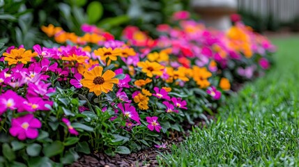 Obraz premium Bright floral border Pink, orange, flowers line green lawn, mulched earth