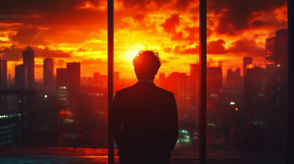 Fototapeta premium City skyline at sunset with a silhouette of a man in a suit overlooking the vibrant horizon