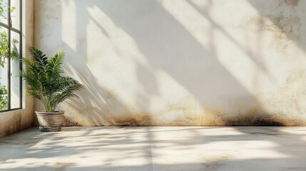 Sunlit Room with Palm Plant, Rustic Charm, Minimalist Decor