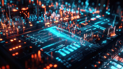 Fototapeta premium Neon synthesizer in a digital futuristic environment with glowing circuit elements and vibrant colors. Generative AI