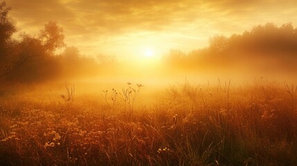 Fototapeta premium Golden sunrise over a misty field with blooming wildflowers and trees in a serene landscape. Generative AI