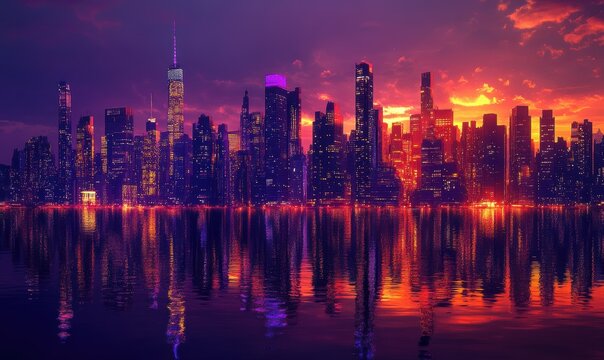Dramatic city skyline view at dusk, warm orange and purple tones blending into the horizon, tall glass buildings reflecting the glowing lights,