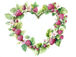 Heart-shaped wreath of raspberries with leaves and blossoms in vibrant watercolors