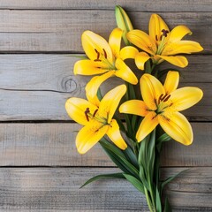 Obraz premium Blooming yellow lilies on weathered oak wood, classic floral composition