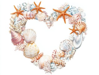 Obraz premium Heart-shaped arrangement of seashells and starfish on a light background