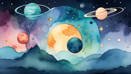 Watercolor Planets and Stars Painting Featuring Space Landscape Illustration