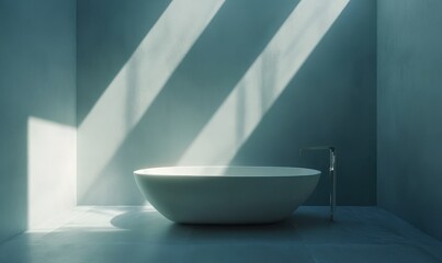 Minimalist bathroom with a freestanding white tub, clean lines, and natural light creating a serene and modern design