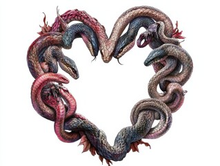 Fototapeta premium Intricate heart shape formed by intertwined snakes in vivid colors and textures