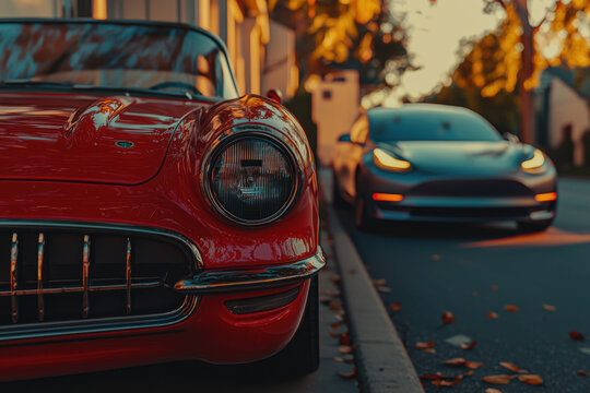 Fototapeta A vibrant red vintage car parked next to a modern electric vehicle, reflecting an evolution of automotive design on a quaint suburban street.