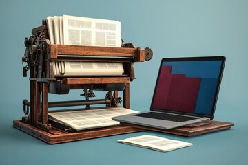 Side-by-side comparison of a vintage wooden printing press filled with printed sheets and a modern laptop symbolizing evolution of technology and historical writing methods.