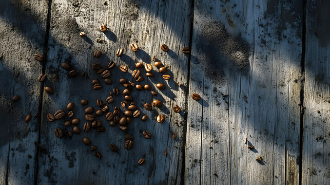 Scattered Coffee Beans on Rustic Wooden Surface
